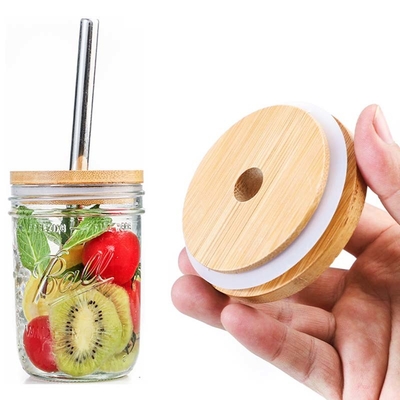 Silicone Ring Bamboo Airtight Lids Mouth Mason Jar Glass Beer Can largo com Straw Hole