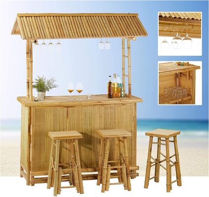 Kit de bar de bambu comercial ao ar livre com teto e porta garrafas Bebidas, cadeiras de bambu com suporte nas costas