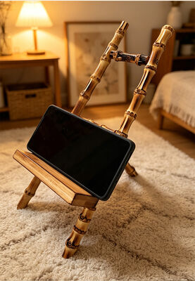 Suporte de mesa de bambu natural com função 3 em 1 para visualização viva-voz de tablet e livro