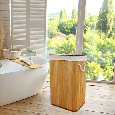 Cesto de roupa de bambu natural com forro de algodão. Cesto de roupas dobrável para armazenamento de quarto e banheiro