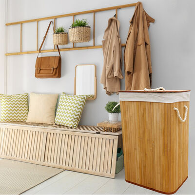 Cesto de roupa de bambu natural com forro de algodão. Cesto de roupas dobrável para armazenamento de quarto e banheiro