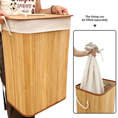 Cesto de roupa de bambu natural com forro de algodão. Cesto de roupas dobrável para armazenamento de quarto e banheiro